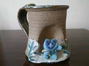 Hand Thrown Pottery Mug Cup Half Glaze Blue White Clay Figurine 3D Creature - Picture 1 of 7
