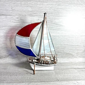 Vntg Stained Glass Sailboat Sculpture w/Red White & Blue Sail Handmade Nautical - Picture 1 of 11