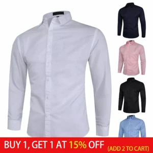 Mens Solid Modern Slim Fit Smart Shirts Long Sleeve Casual Formal Work Shirts - Picture 1 of 20
