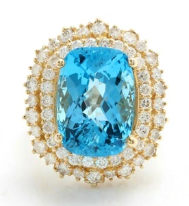 15.10 Carat Natural Blue Swiss Topaz and Diamonds in 14K Solid Yellow Gold Ring - Picture 1 of 6