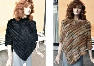 PONCHO donna caldo e elegante cerimonia in pelliccia lapin rex nero marrone - Foto 1 di 9