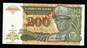Zaire 200 Nouv. Zaires  Specimen 125-2-1994 P-62s UNC.Printers:Giesecke & Devr. - Picture 1 of 2