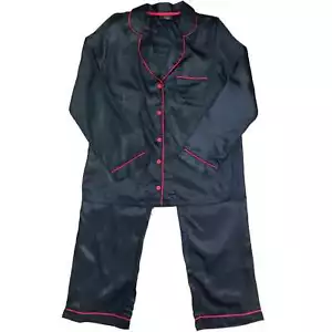 Womens Black & Red Trim Silky Pajamas Satin Long Sleeved Sleep Set - Picture 1 of 1