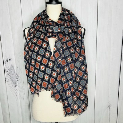 Spartina 449 Women’s Scarf Navy Rectangular Geometric Pattern Raw Hem 100% Wool - Image 1 of 4