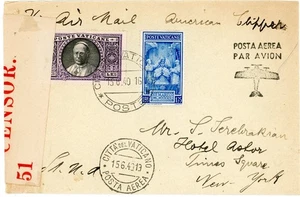 Vatican City Sc#31,#71-CITTA`DEL VATICANO POSTE-15/6/40-WWII CENSORTRANSATLANTIC - Picture 1 of 3