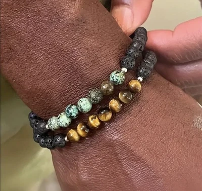✅Armband 2er Set Tigerauge Lavastein Afrika. Grün Edelstein Perlen Naturstein ✅ - Bild 1 von 4