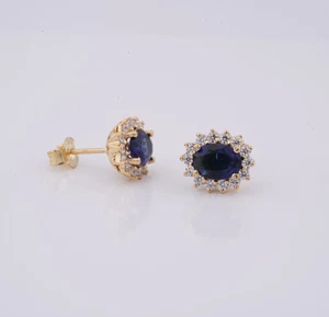 3,00 ct Ovalschliff blauer Saphir & Diamant Heiligenschein Ohrstecker 14 K Gelbgold - Bild 1 von 11