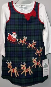 Girls Vintage Rare Edition Christmas Santa Reindeer Plaid Dress-Size 5 - Picture 1 of 6