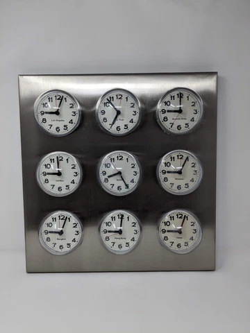 Karlsson Bubble World Time Zone Wall Clock 9 Cities Stainless MCM 1960s READ Cover