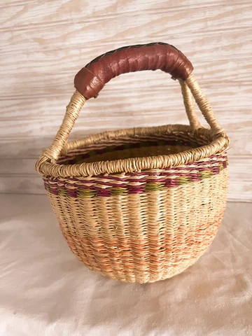 Vintage Woven Gathering Basket Market Round Leather Wrapped Handle Dyed Cover