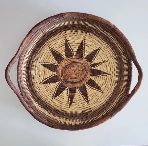 Handwoven Sturdy Natural Basket Tray with Side Handles Flower Sunray Design READ Cover