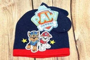 Nickelodeon Paw Patrol Kids Blue Knit Hat Beanie & Mittens Set-Chase & Marshall - Picture 1 of 8