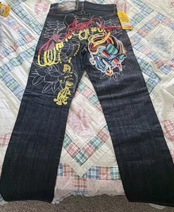 Christian Audigier Embroidered Skull Colorful Jeans Size 32x34 New With Tags - Picture 1 of 12