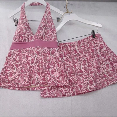 EUC LLBean 女式 2 件套 Tankini 洗澡套装吊带裙粉色花卉 10 码 — 第 1/4 张图片