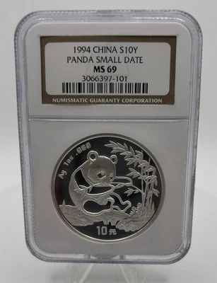 1994 Small Date Graded NGC MS69  China silver panda coin, 10y, 1oz - Image 1 of 2