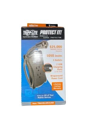 New Tripp Lite TRAVELER3USB 3-Outlet Travel-Size Surge Protector with 2 USB - Image 1 of 3
