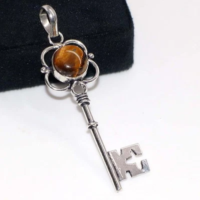 Colgante enchapado en plata 925 llave ojo de tigre hecho a mano joyería tamaño 2,5" JW Foto 1 de 3