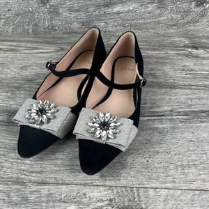 JCrew K2676 spitz zulaufende Mary Jane Ballerinas verzierte Schleife Samt 8 schwarze Schuhe - Bild 1 von 9