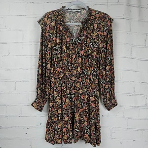 Zara Black Floral Long-Sleeve Mini Dress Womens S Viscose Metallic Ruffle Detail - Picture 1 of 15