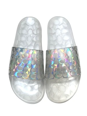 COACH Ugo Clear Holo Glitter Logo Jelly Pool Slides Slip On Sandals size 9 NEW! - Imagem 1 de 4