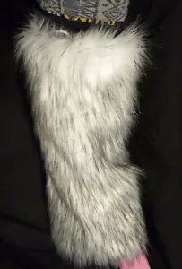 Soft Furry Leg Warmers - White Black Tipped - Fluffies party dance two tone UV - Picture 1 of 7