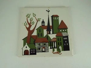 Azulejo colgante vintage de cerámica Soriano con remache de escena urbana de mediados de siglo - Imagen 1 de 5