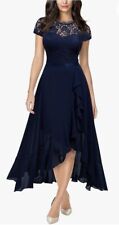 Women's Retro Lace Contrast Chiffon Ruffle Evening Maxi Dress navy blue size 2XL