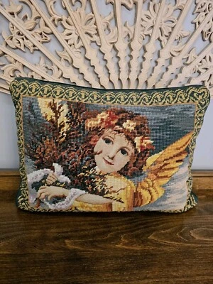 Vintage Needlepoint Angel Decorative Throw Pillow Greens Gold 15x10 - Image 1 of 4