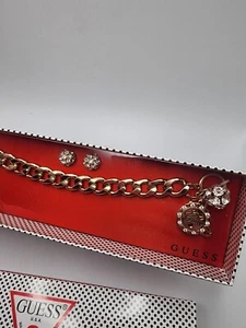 GUESS GOLD TONE BRACELET & BALL STUD RHINESTONE EARRINGS - Picture 1 of 2