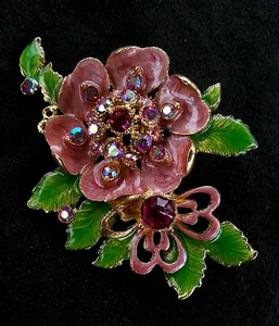 Beautiful vintage rhinestone enamelled flowers brooch/pendant, circa 1940's - Picture 1 of 4