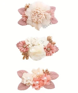 Barrette Hair Clip Pink Flower Set Fabric Wedding Fancy Pearls Sparkles NEW 165 - Picture 1 of 1