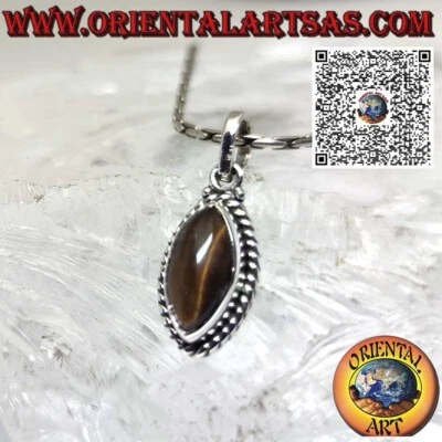 Ciondolo in argento 925‰  con un occhio di tigre navette contornato da sfere - Immagine 1 di 4