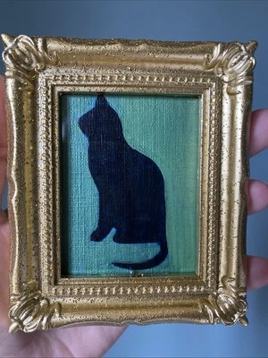 Divertido gato negro, pintura original sobre papel, 3/4, enmarcado, miniatura, pequeño, mini Foto 1 de 4