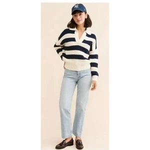 Madewell Waffle Knit Henley Antique Cream Blue Cotton Wool Sweater Womens Sz Med - Picture 1 of 10
