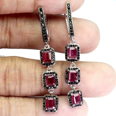 925 Sterling Silver Earrings Octagon Ruby 5x4mm Spinel Natural Gemstone Jewelry - Image 1 of 4