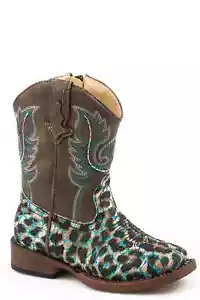 New! Roper Toddler Girl's Brown 'BLUE GLITTER LEOPARD 'COWBOY BOOTS Size 5 6 7 - Picture 1 of 1