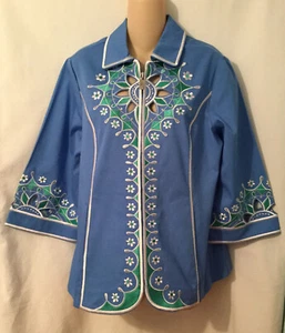 Bob Mackie Wearable Art Zip Up Shirt/Jacke Blau Grün Stickerei Neu Small - Bild 1 von 4