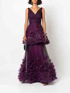 $1095 New Marchesa Notte Tiered 3D Floral Purple Aubergine Dress Gown 0 2 4 8 10