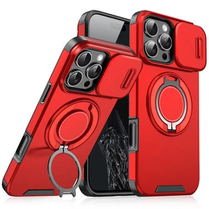 For iPhone 16 Pro Max 15 14 13 12 11 Magnetic Ring Stand Case w/Slide Lens Cover - Picture 1 of 13