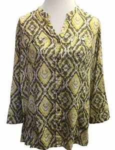 Coral Bay Damen Hemd L gelb grau geometrisch Leinen Viskose Knopfleiste Rollärmel - Bild 1 von 16