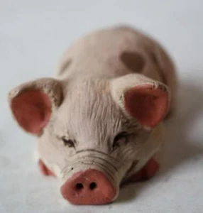 Pig Figurine Lying Down Spotted Pink Pig Clay Pottery Small Pig Figure --- - Picture 1 of 1
