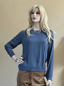 LOU & GREY POLI CREPÉ AZUL GRIS CUELLO REDONDO JERSEY BLUSA TOP XS NUEVO CON ETIQUETAS $60 - Imagen 1 de 7