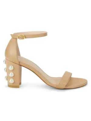 NIB STUART WEITZMAN  NearlyNude Pearls Tan Leather Block-Heel Sandals Sz 8 B - Image 1 of 4