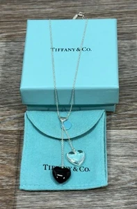 RARE Tiffany & Co. Silver 925 Black Onyx Crystal Double Heart Drop Necklace 16” - Picture 1 of 6