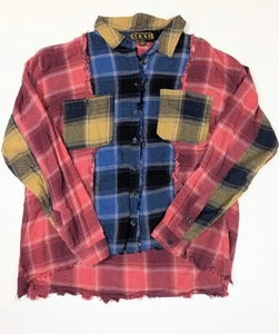 Taxi Mixed Panel Plaid Long Sleeve Button Up Flannel Raw Hem Women's Size Large - Picture 1 of 6