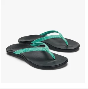 OluKai Ho'opio Green Aqua/Hibiscus Flip Flop Sandals US 6/EU 36 HAWAII RARE VHTF - Picture 1 of 8