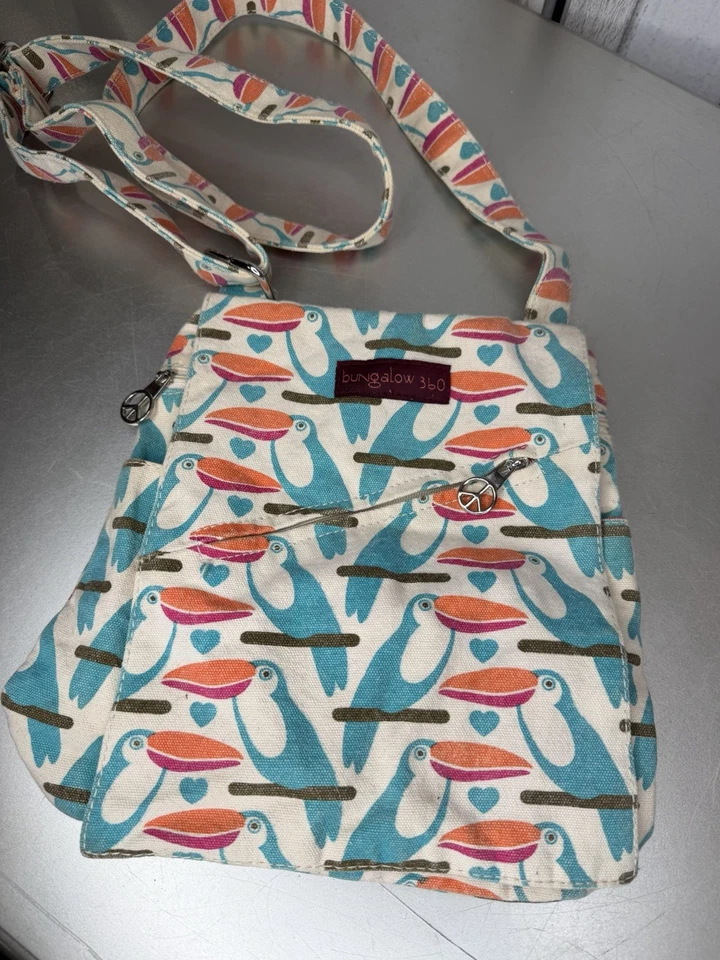 Bolso Bandolera Bungalow 360 Azul Naranja Tucán Pájaro Lona Algodón Foto 1 de 4