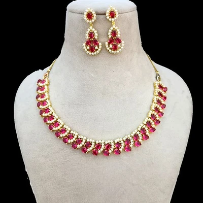 Colar e brinco artesanais de rubelita folheado a ouro 22K joias de noiva indianas - Imagem 1 de 4