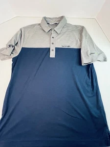 Travis Mathew Grey Dark Blue Golf 3 Button Polo Mens M “Golf Tee” Logo - Picture 1 of 11