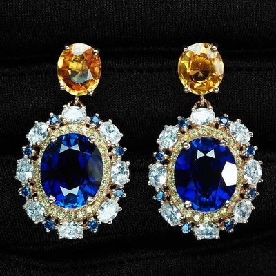 优雅皇家蓝色蓝宝石椭圆形 19.55 克拉 925 纯银玫瑰金耳环 — 第 1/4 张图片